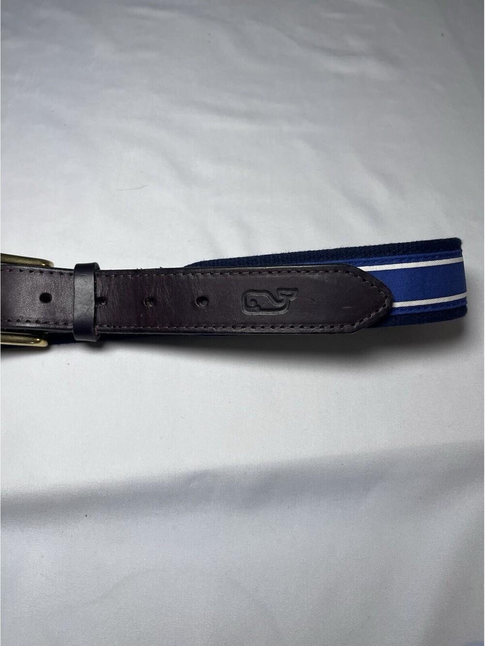 Vineyard Vines Blue White Striped Ribbon Belt with Leather Trim and Brass Buckle